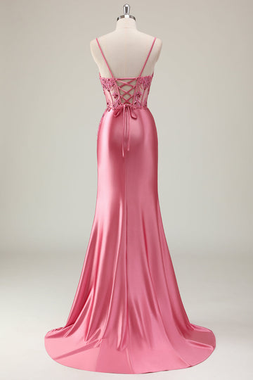 Scintillante corallo sirena paillettes spaghetti straps corsetto lungo abito da ballo con fessura